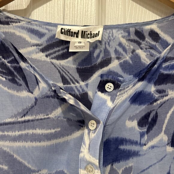 Clifford Michael Womens Blouse Sz 8 Blue Floral 3/4 Sleeve Silk Blend Chiffon‎ - Picture 3 of 9